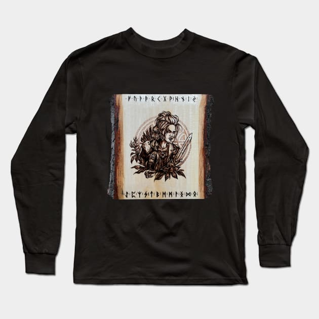 Valkyrie pyrography print! wood texture Long Sleeve T-Shirt by BTW-byMargo